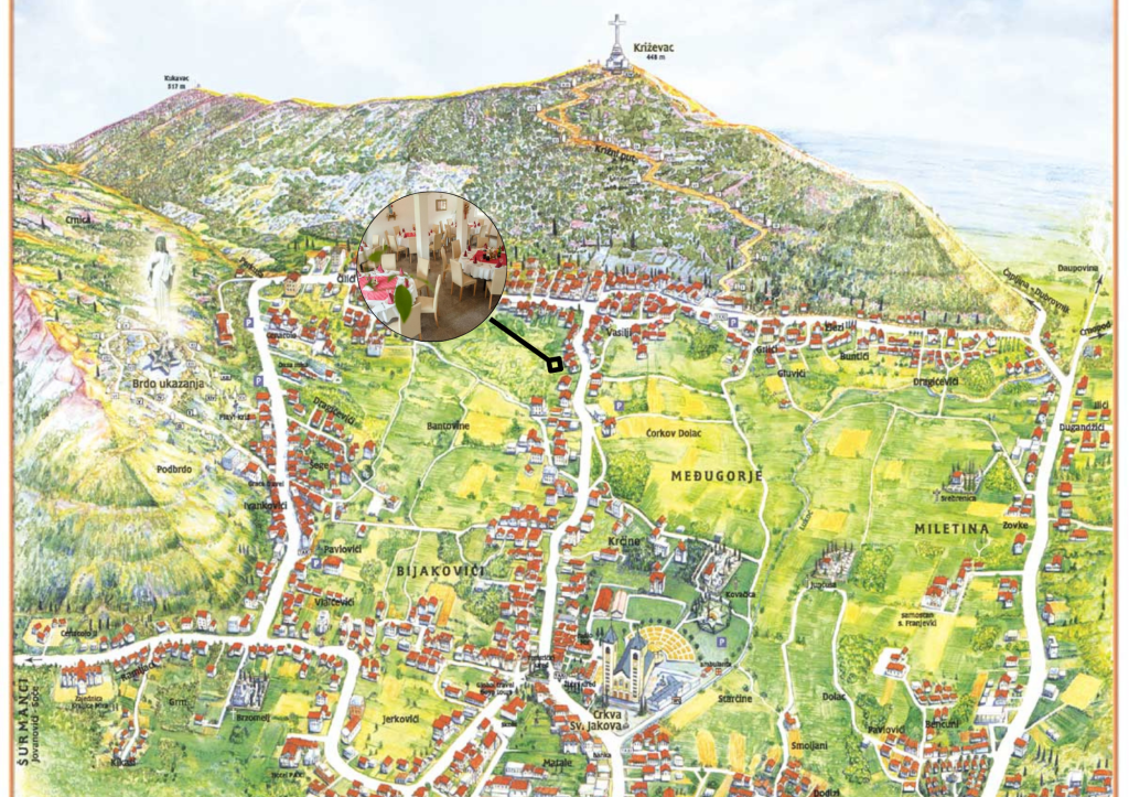 Map of Medjugorje showing the guesthouse location near St. James Church and Cross Mountain.